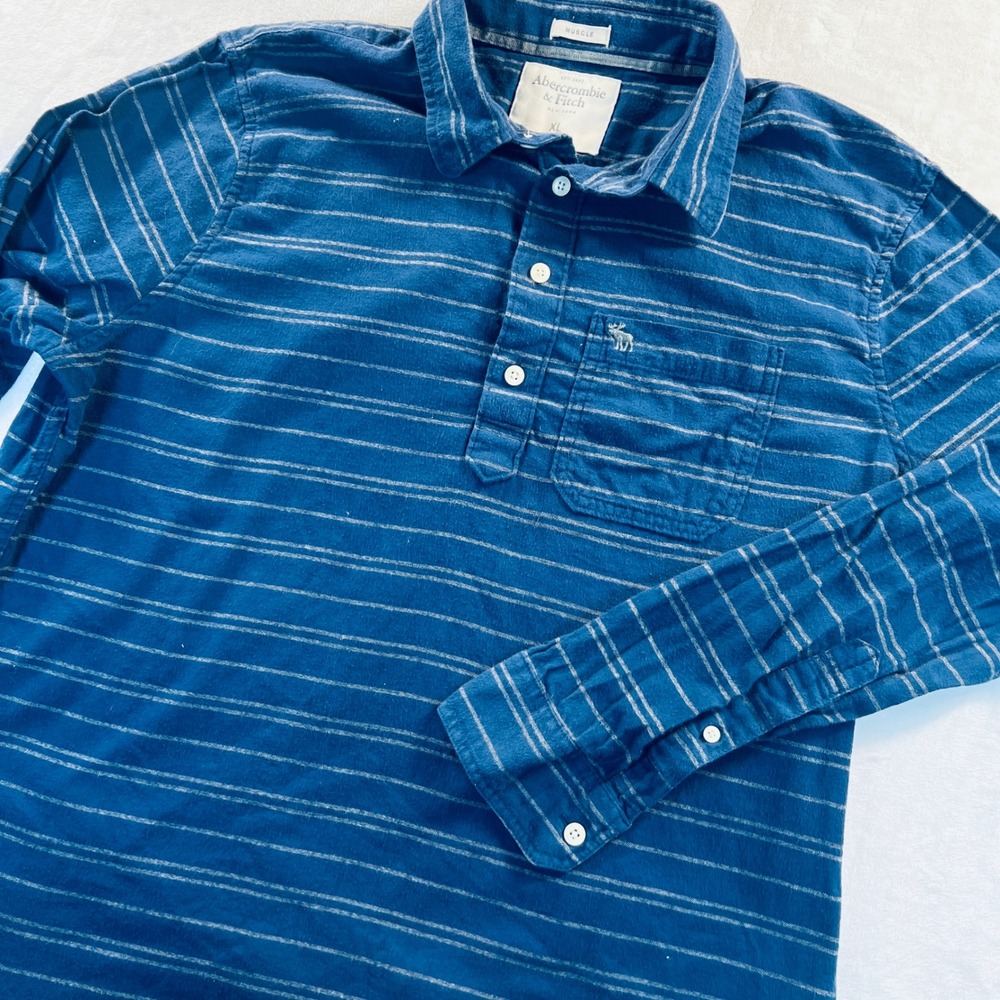 Abercrombie & Fitch Mens XL Long Sleeve Striped Flannel Polo Shirt Muscle Fit